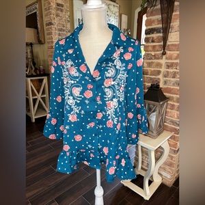 Suzanne Betro Size M Green Floral Button Up 3/4 Sleeve Tunic Top Boho New